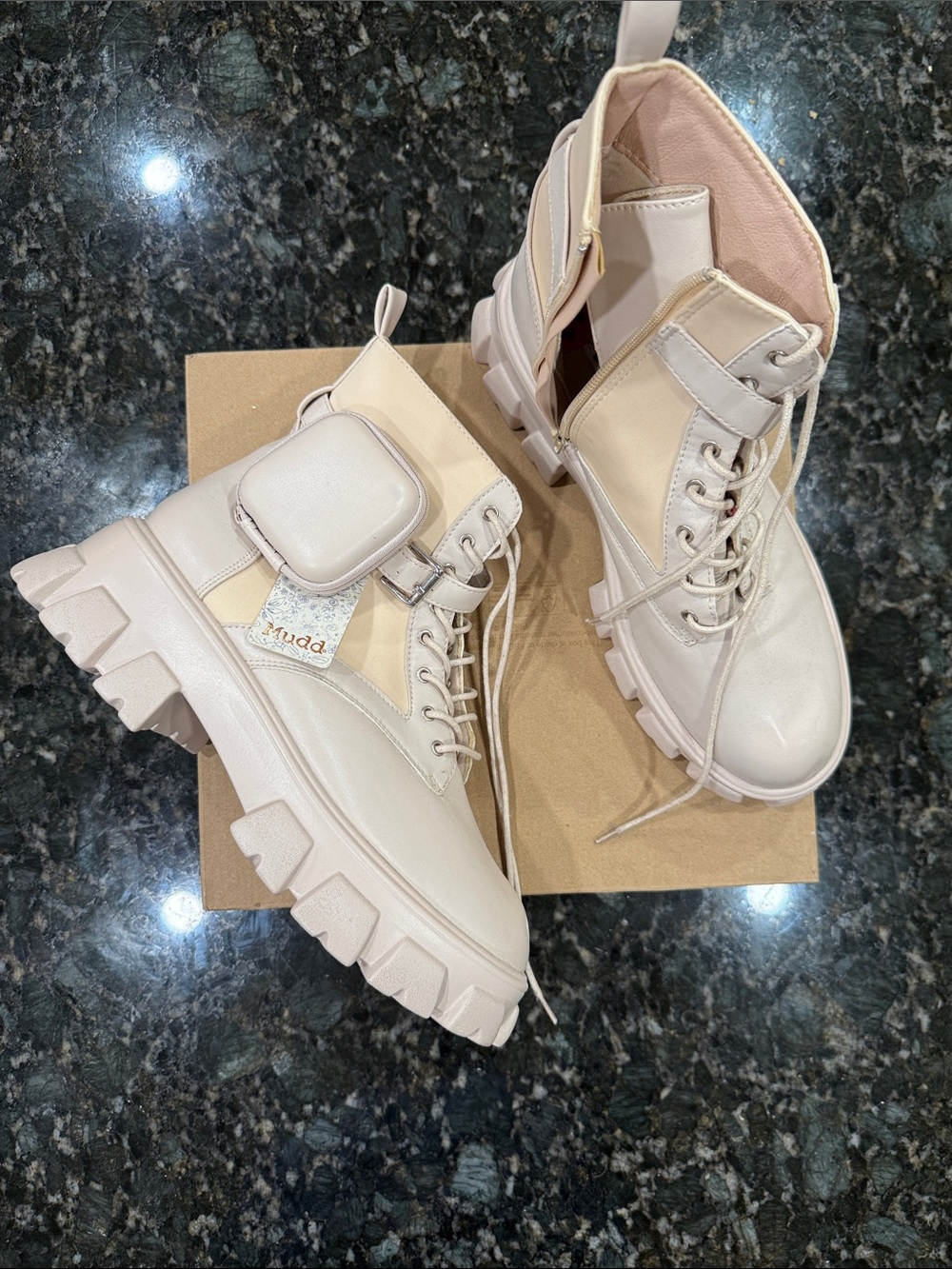 Mudd Women's Lace-Up Combat Boots in Cream and Tan